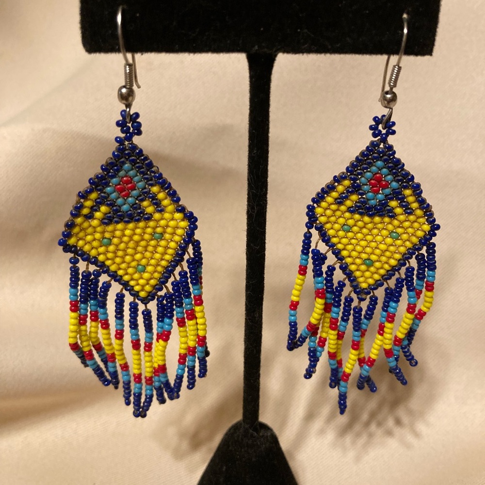 VINTAGE South western HandCrafted Bead Fringe Earrings! Blue, yellow & red